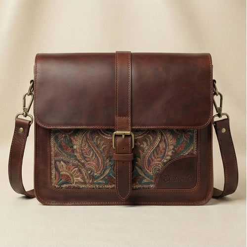 Elatheria Artisan paisley embroidered full grain leather messenger crossbody bag