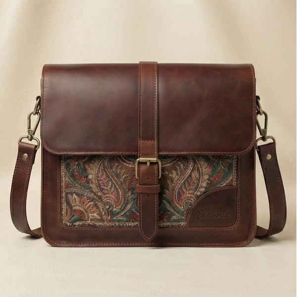 The Artisan Paisley Embroidered Leather Messenger Bag Front View