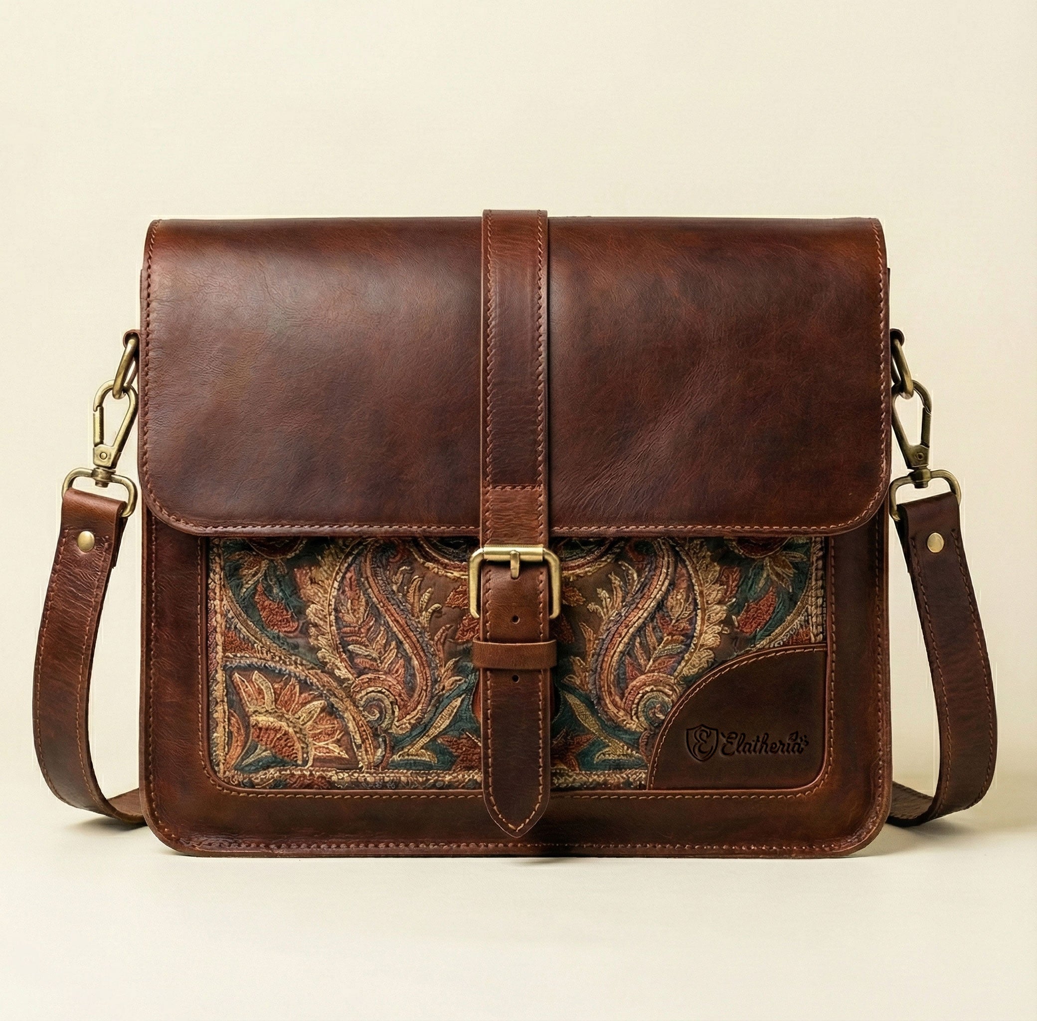 The Artisan Paisley Embroidered Leather Messenger Bag Front View