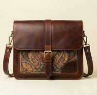 Elatheria Artisan paisley embroidered full grain leather messenger crossbody bag