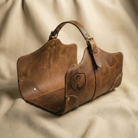 Elatheria Hearthside full grain leather firewood log carrier with brass hardware