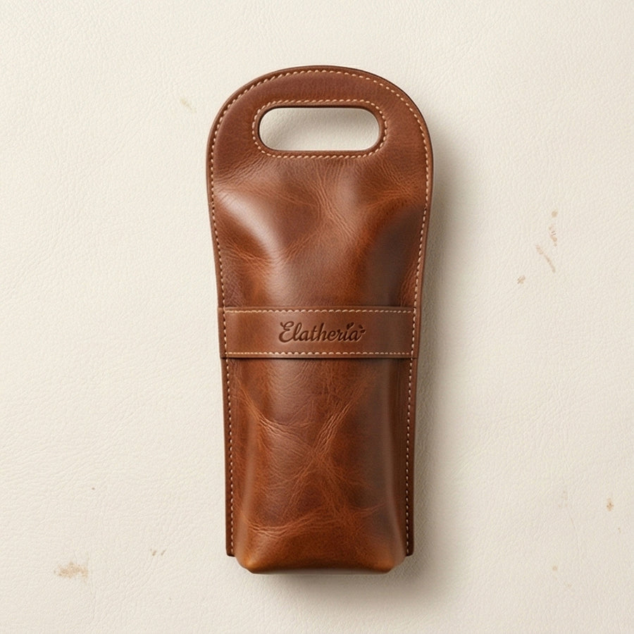 Elatheria Vintner handcrafted full grain leather single wine bottle carrier tote