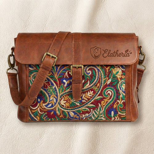 Elatheria Royal Paisley intricate embroidered leather messenger bag