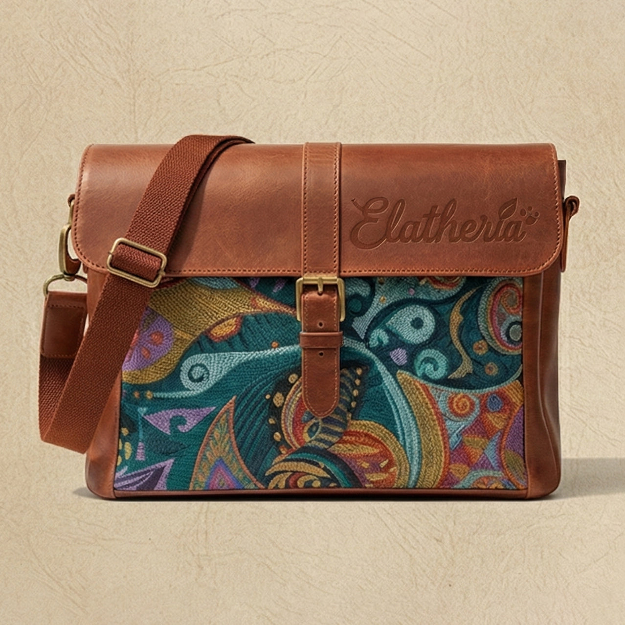 Elatheria Muse abstract art embroidered leather messenger bag fits 14 inch laptop