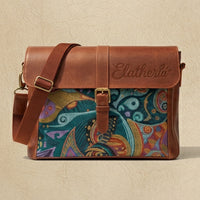 Elatheria Muse abstract art embroidered leather messenger bag fits 14 inch laptop