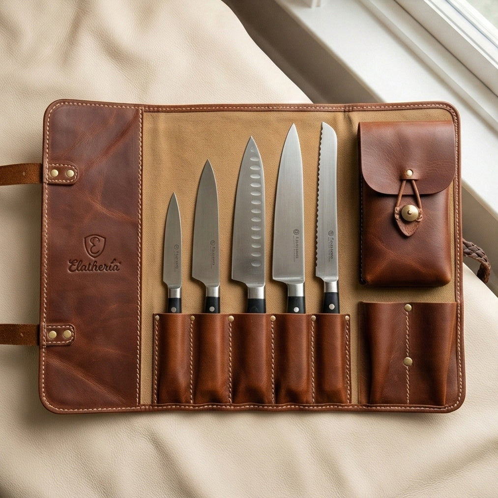 The Chef's Companion Leather Knife Roll Open with Knives