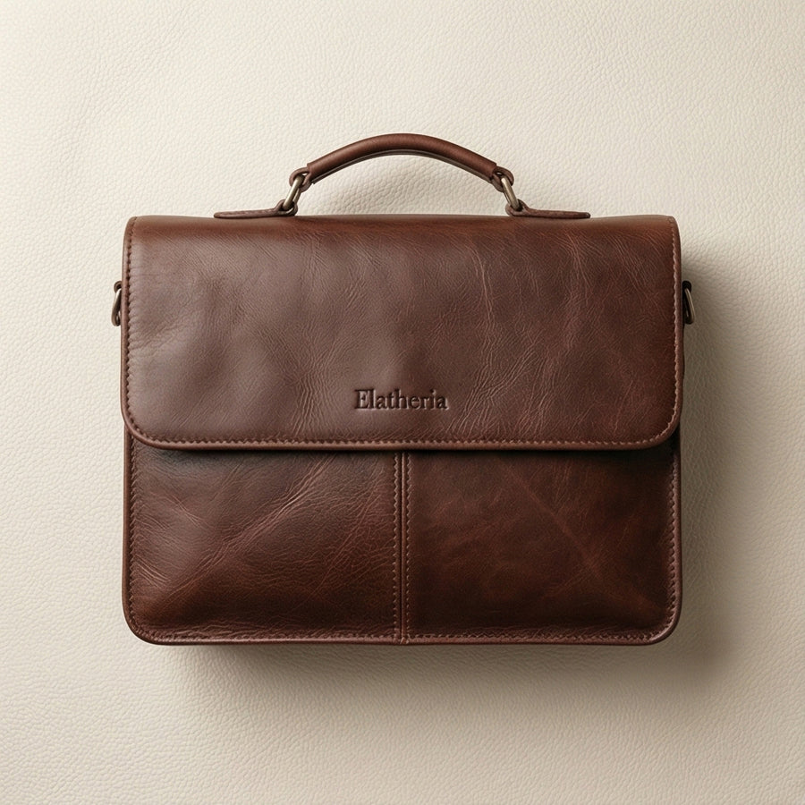 Elatheria Scholar dark brown mahogany full grain leather briefcase messenger bag