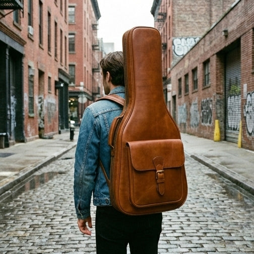 Elatheria Maestro full grain cognac leather premium acoustic guitar gig bag backpack