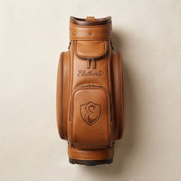Elatheria Fairway luxury vintage full grain tan leather golf cart bag brass zips