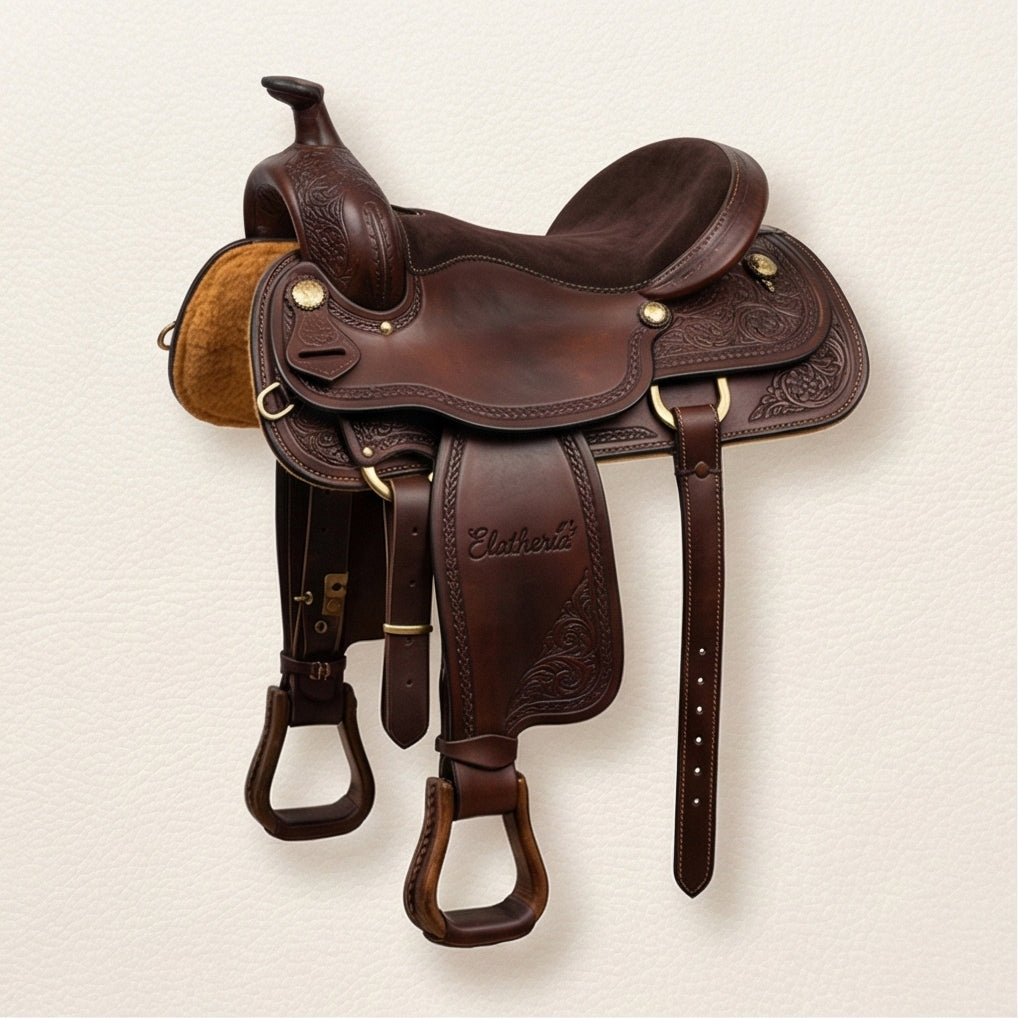 The Mustang Hand Tooled Western Leather Saddle Side View