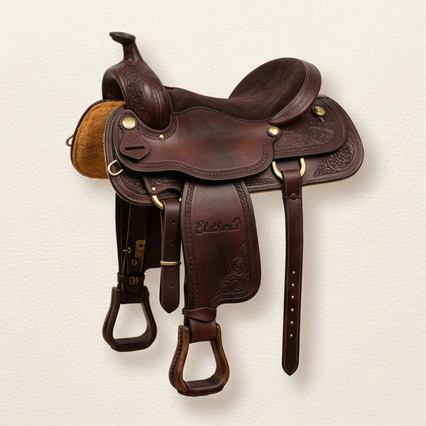 The Mustang Hand Tooled Western Leather Saddle Side View