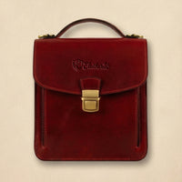 Elatheria Scribe vertical full grain leather crossbody mini briefcase in burgundy