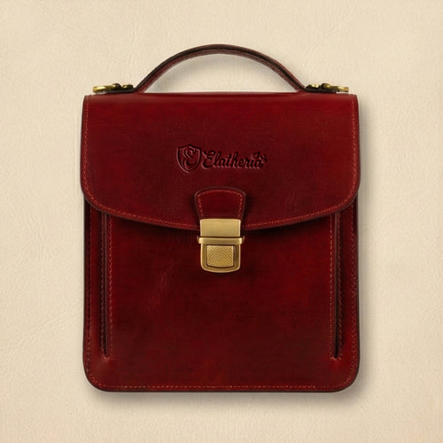 Elatheria Scribe vertical full grain leather crossbody mini briefcase in burgundy