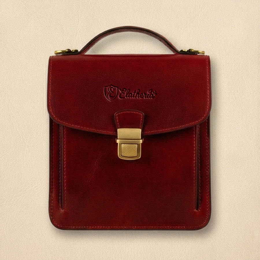 Elatheria Scribe vertical full grain leather crossbody mini briefcase in burgundy