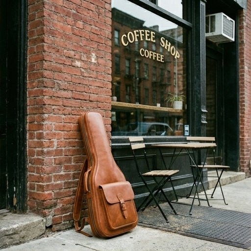 Elatheria Maestro full grain cognac leather premium acoustic guitar gig bag backpack