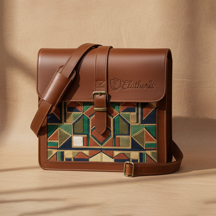 The Mosaic Geometric Leather Satchel in Vintage Brown