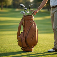 Elatheria Fairway luxury vintage full grain tan leather golf cart bag brass zips