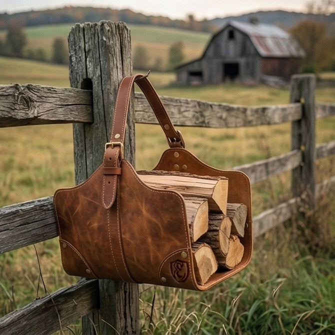 The Hearthside Leather Log Carrier with Firewood