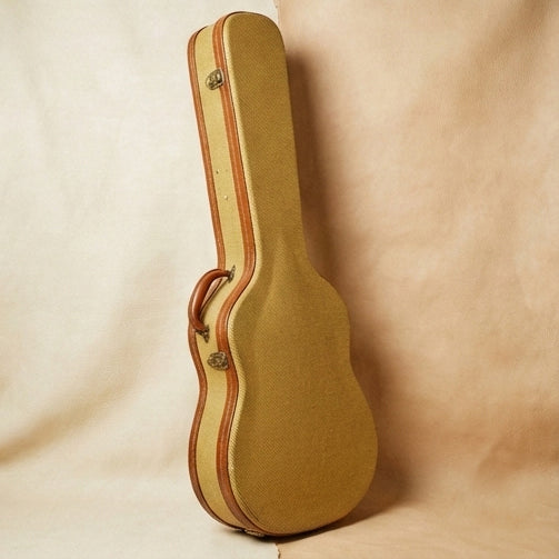 Elatheria Stagehand vintage tweed full grain leather guitar hard case crimson velvet