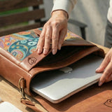 Elatheria Muse abstract art embroidered leather messenger bag fits 14 inch laptop