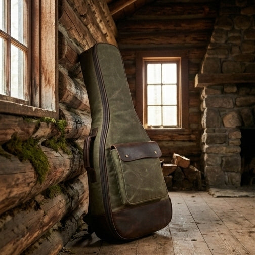 Elatheria Troubadour waxed canvas full grain leather acoustic guitar gig bag