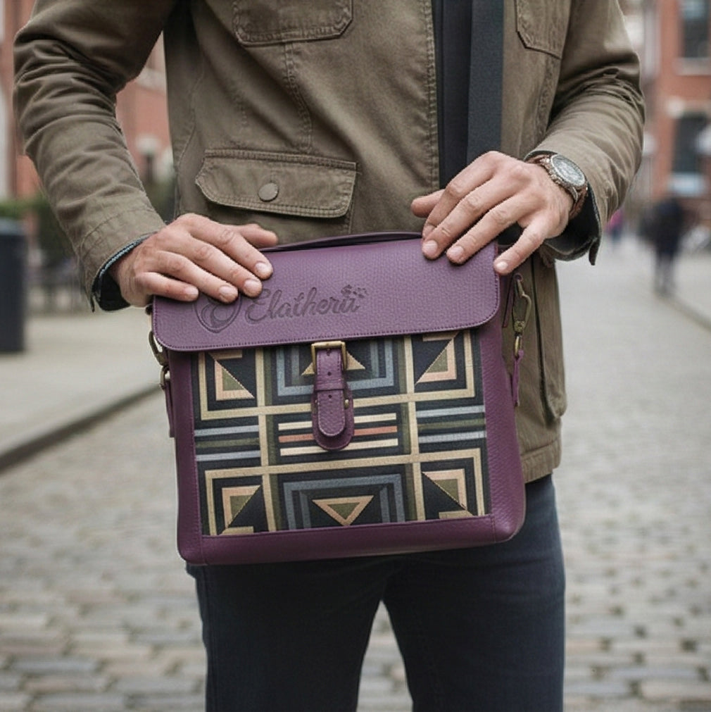 The Mosaic Geometric Leather Satchel in Regal Plum