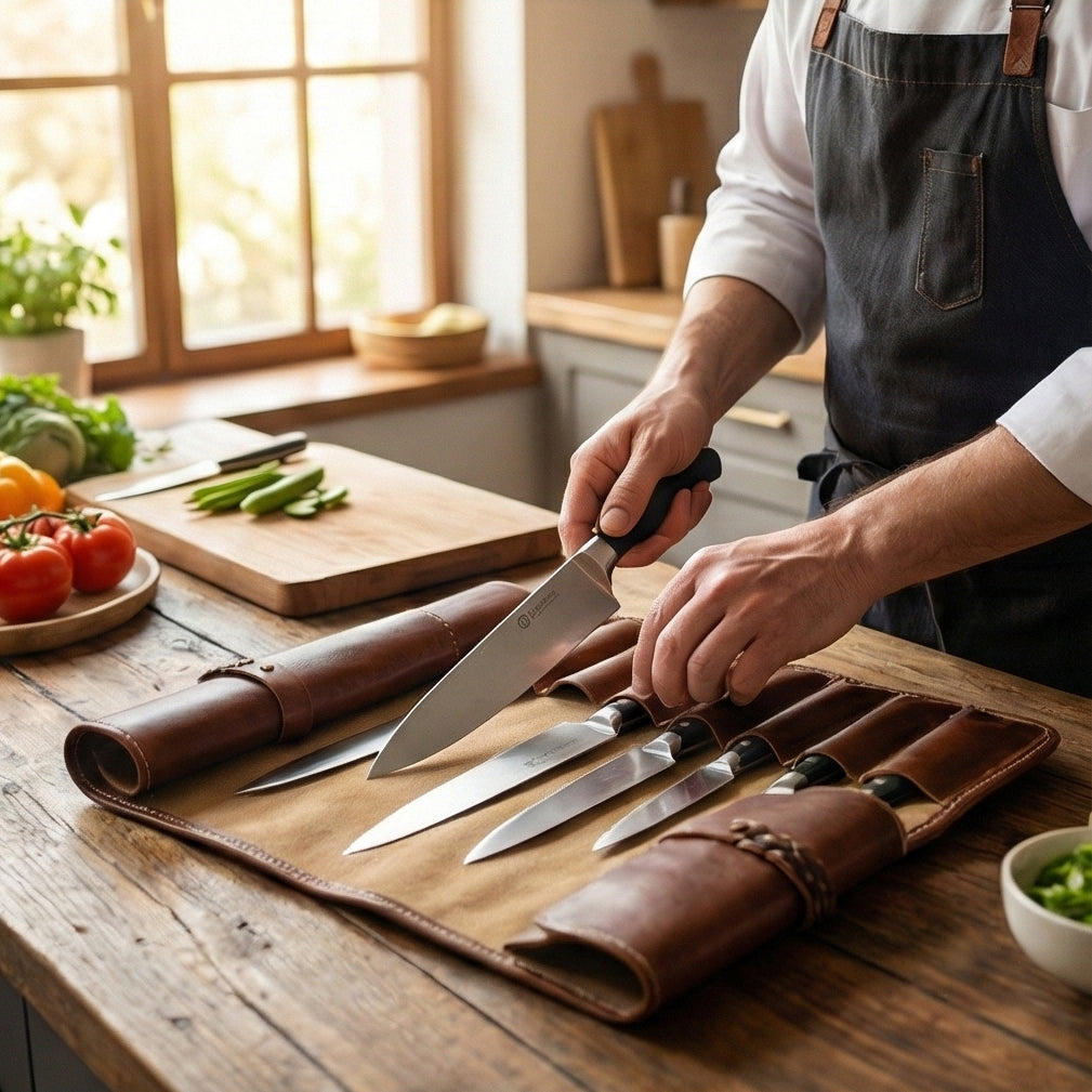 The Chef's Companion Leather Knife Roll Open with Knives