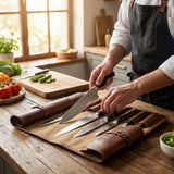 The Chef's Companion Leather Knife Roll Open with Knives