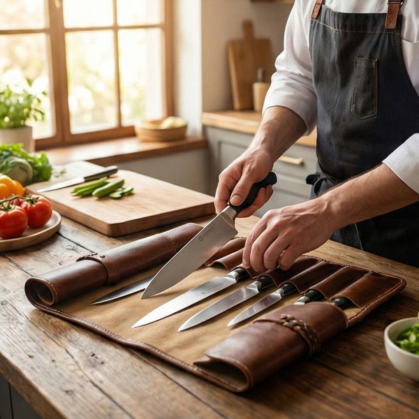The Chef's Companion Leather Knife Roll Open with Knives