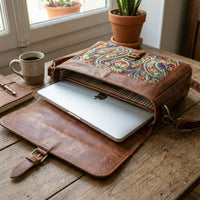 Elatheria Royal Paisley intricate embroidered leather messenger bag