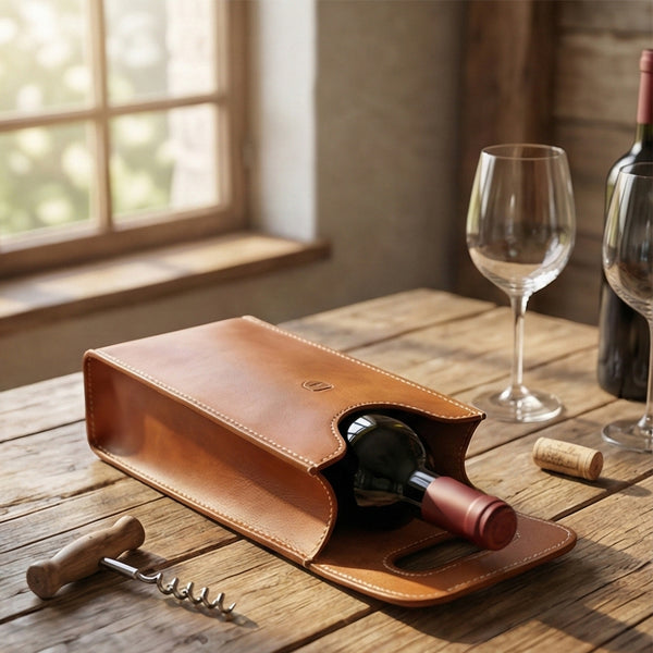 Brown leather wine bottle holder with a wine bottle.