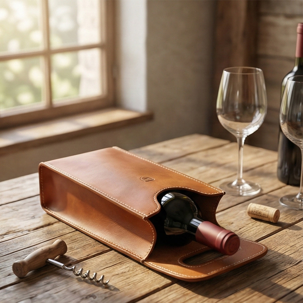 Brown leather wine bottle holder with a wine bottle on a wooden table with a glass and cork.