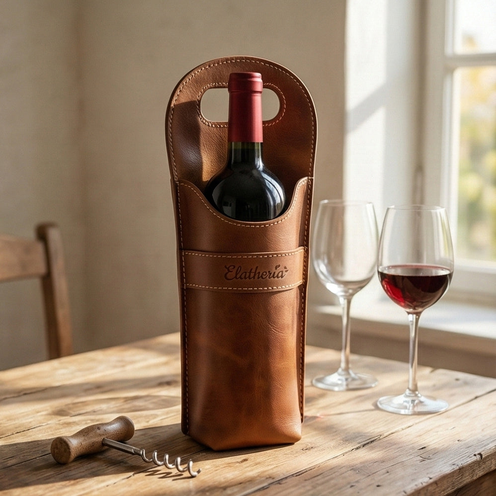 Elatheria Vintner handcrafted full grain leather single wine bottle carrier tote