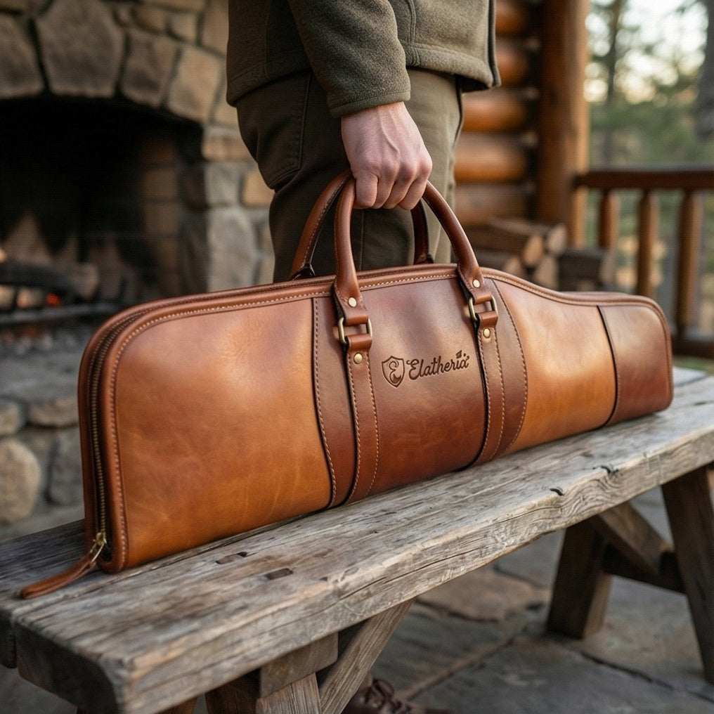 Elatheria Marksman luxury two tone full grain leather shotgun case slip fleece lining