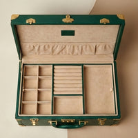 Elatheria Heirloom quilted emerald green leather jewelry trunk brushed brass hardware