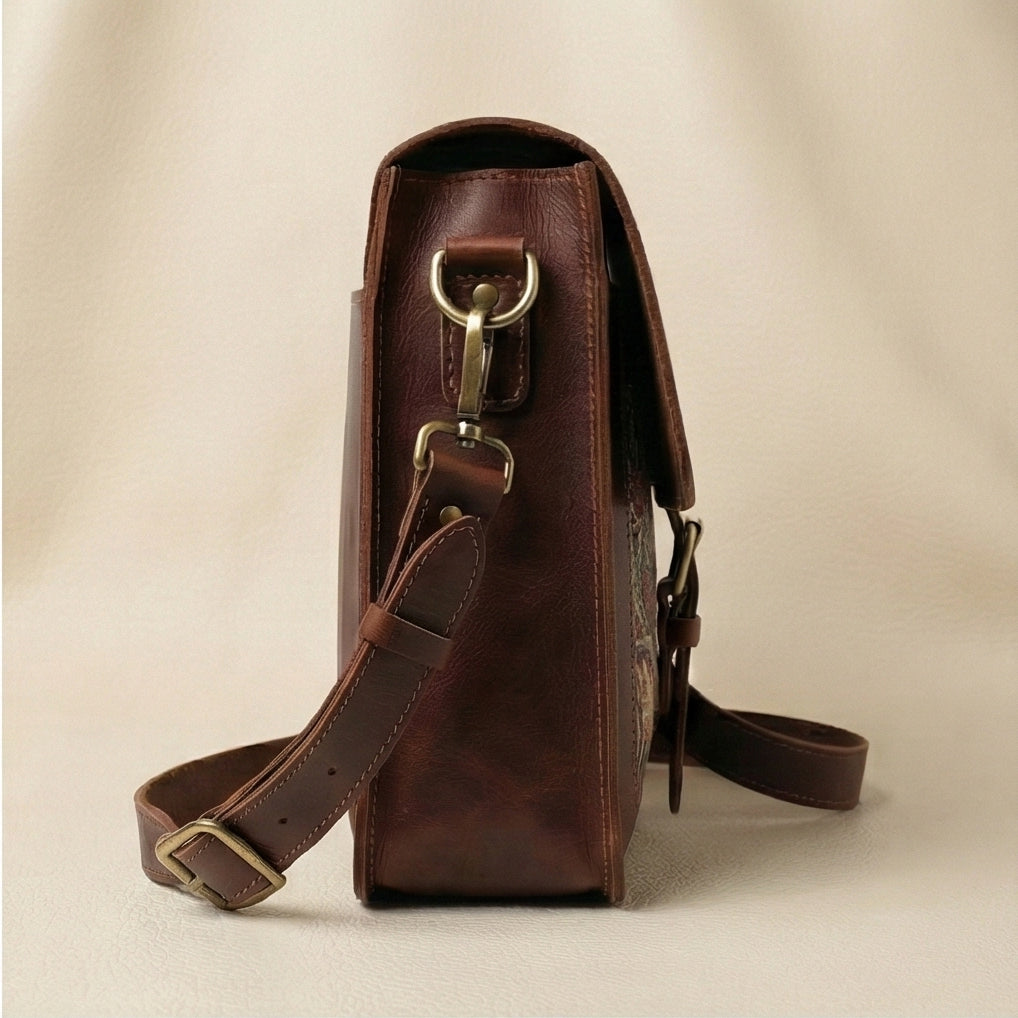 The Artisan Paisley Embroidered Leather Messenger Bag Front View
