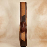 Troubadour Mosaic gig bag angled view showing hand-assembled patchwork leather panels