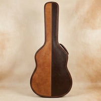 Troubadour Mosaic gig bag side profile, one-of-a-kind leather panel detail, customisation available for hardware finish