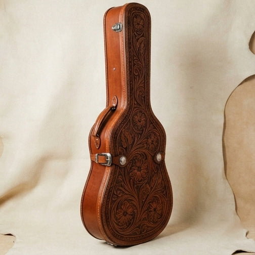Elatheria Outlaw hand tooled western full grain leather acoustic guitar hard case
