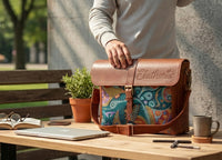 Elatheria Muse abstract art embroidered leather messenger bag fits 14 inch laptop
