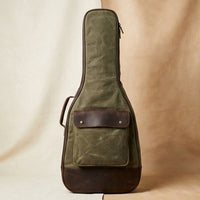 Elatheria Troubadour waxed canvas and leather guitar gig bag, front view, gift for guitarist