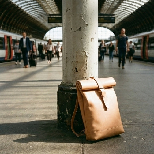 Elatheria Voyager minimalist full grain veg tanned leather roll top backpack