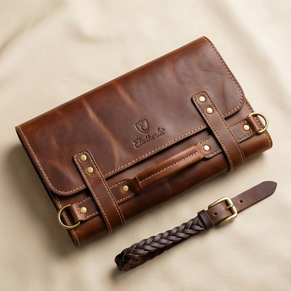 The Chef's Companion Leather Knife Roll Open with Knives
