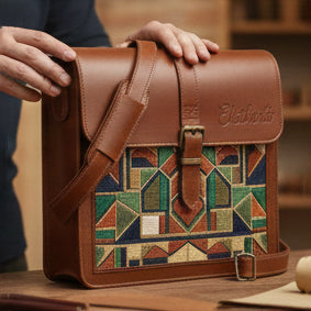 The Mosaic Geometric Leather Satchel in Vintage Brown