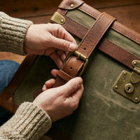 Elatheria Voyager vintage waxed canvas full grain leather storage trunk brass hardware