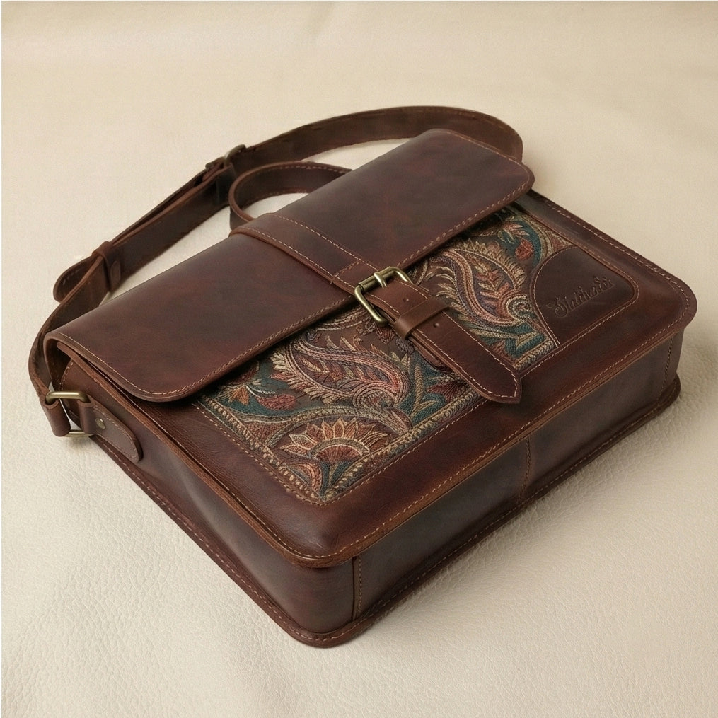 The Artisan Paisley Embroidered Leather Messenger Bag Front View