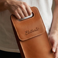 Elatheria Vintner 2.0 full grain leather wine bottle carrier tote with brass hardware
