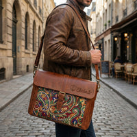 Elatheria Royal Paisley intricate embroidered leather messenger bag