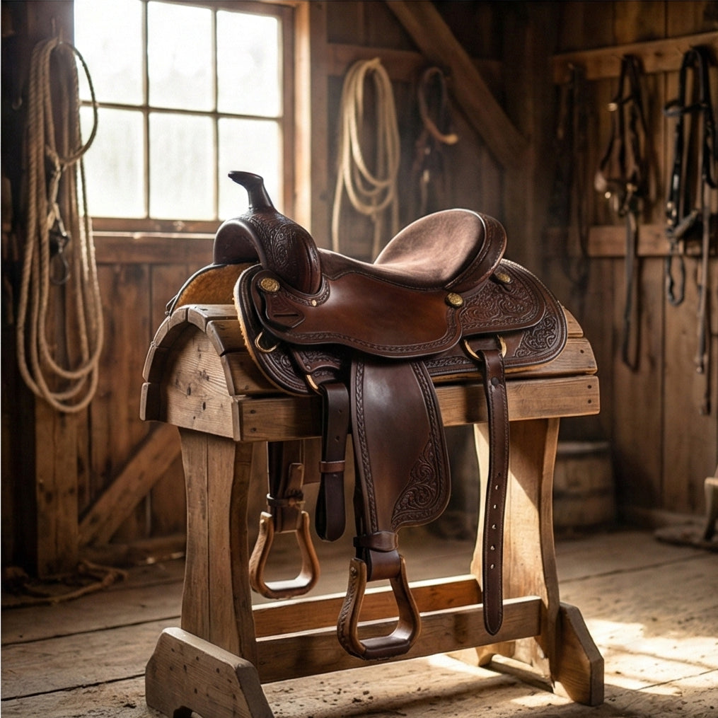 The Mustang Hand Tooled Western Leather Saddle Side View