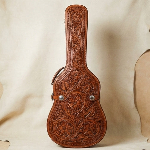 Elatheria Outlaw hand tooled western full grain leather acoustic guitar hard case